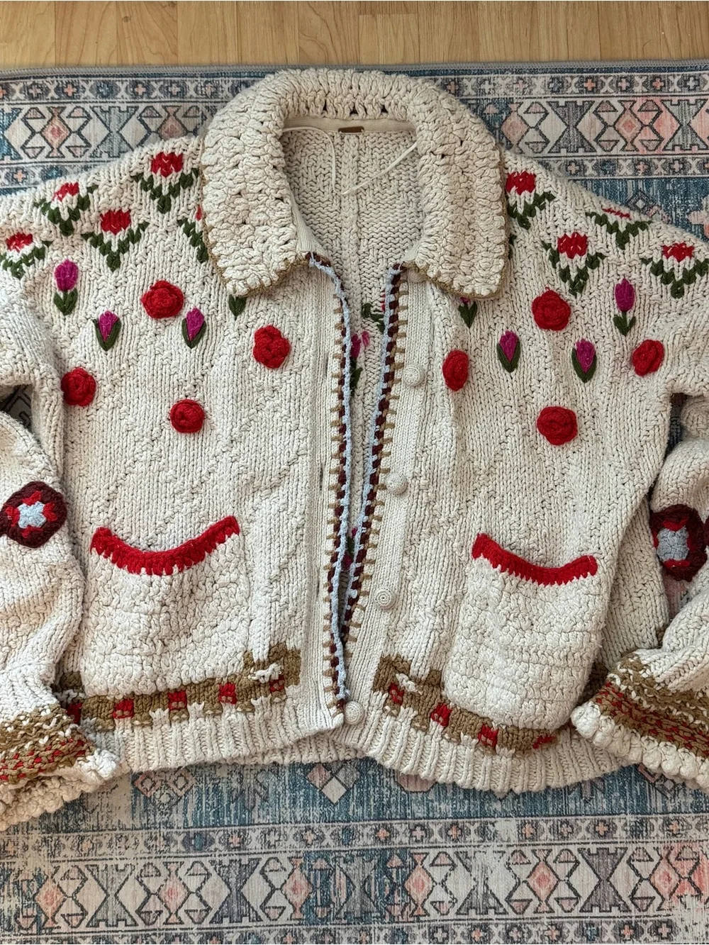 Free People Rosebud Cardi Teddy Jacket with Floral Embroidery